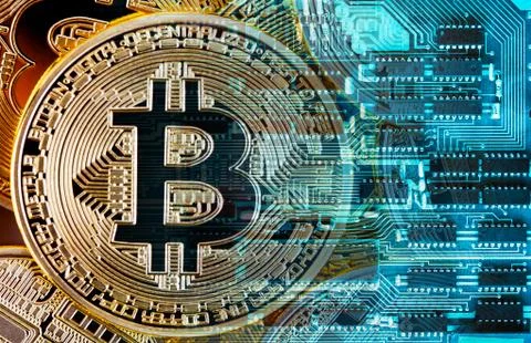 Bitcoin on a printed circuit board background Foto stock