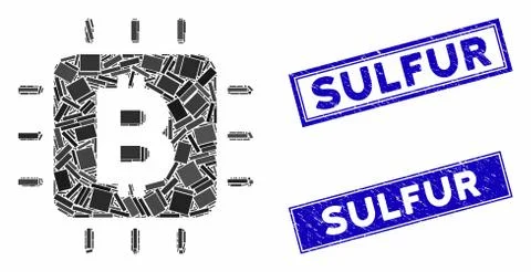 Bitcoin Processor Chip Mosaic and Grunge Rectangle Sulfur Stamp Seals Illustrazione stock