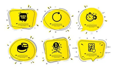 Bitcoin project, Pie chart and Cogwheel timer icons set. Synchronize, Quick tips Stock Illustration