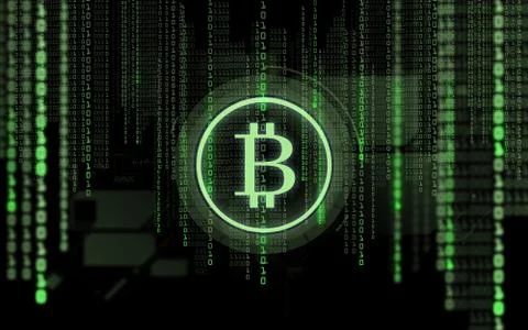 Bitcoin projection and binary code over black イラスト素材