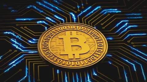Bitcoin pulsates on a circuit board 스톡 일러스트