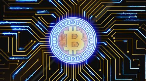 Bitcoin pulsates on a circuit board 스톡 일러스트