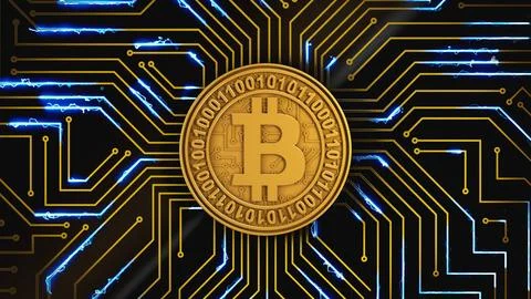 Bitcoin pulsates on a circuit board Stock Illustration