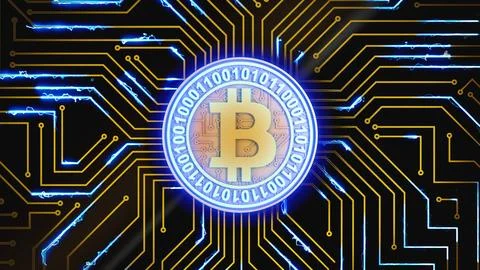 Bitcoin pulsates on a circuit board Stock Illustration