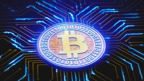 Bitcoin pulsates on a circuit board Stock Illustration