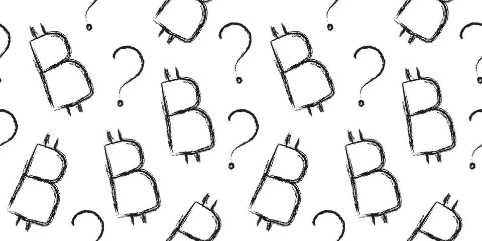 Bitcoin question mark pattern: seamless vector design with hand-drawn crypt.. Stock Illustration
