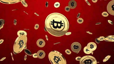 Bitcoin rain on deep red background Stock Footage 33538754
