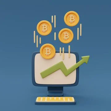 Bitcoin rate increase statistic on computer desktop screen with green arrow a Stock Illustration