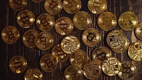 Bitcoin realistic on table 3d cyber banking, money, cryptocurrency mining, BTC Stock Footage 336442308