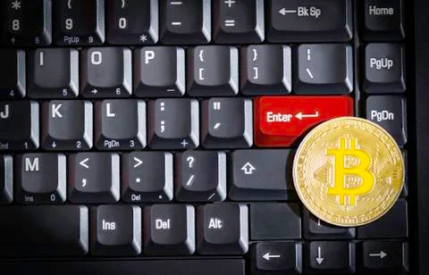 Bitcoin on red enter button Stock Photos