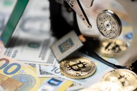 Bitcoin reflecting on hard drive platter next to CPU and on top of euro Stock-Fotos