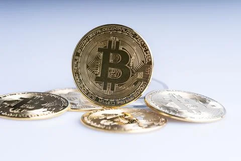 Bitcoin replica on white background Stock Photos
