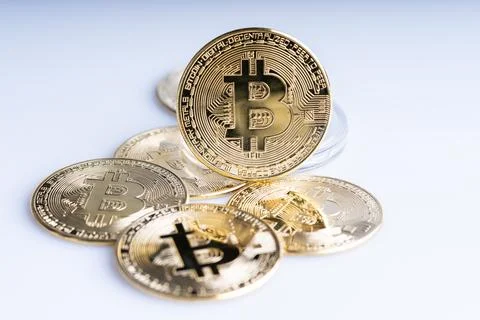 Bitcoin replica on white background Stock Photos