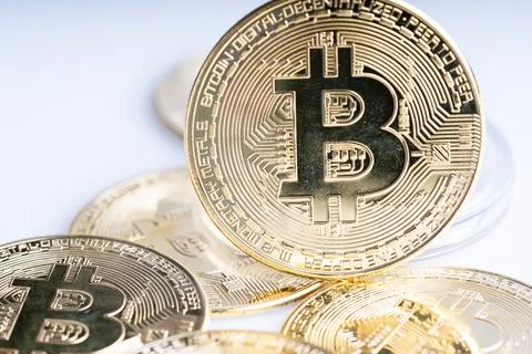 Bitcoin replica on white background Stock Photos