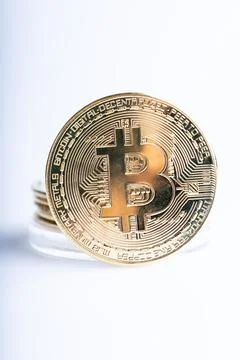 Bitcoin replica on white background Stock Photos