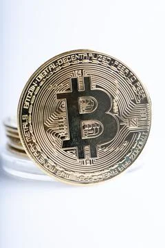 Bitcoin replica on white background Stock Photos