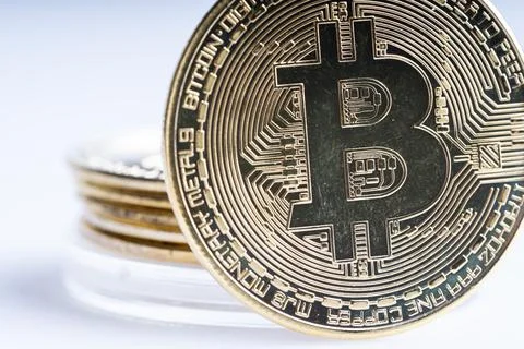 Bitcoin replica on white background Stock Photos