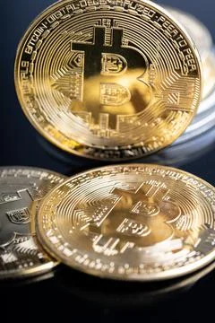 Bitcoin replica on white background Stock Photos