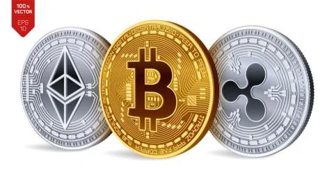 Bitcoin. Ripple. Ethereum. 3D isometric Physical coins. Digital currency. Cry Stock Illustration