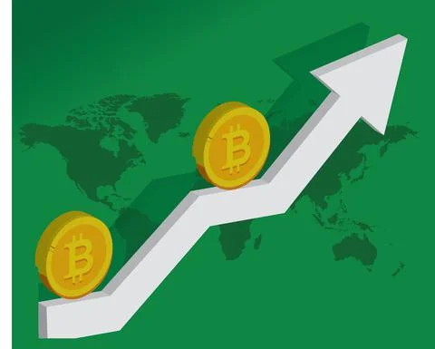 Bitcoin rises in value vector illustration world map back ground. Bitcoin and Stock Illustration