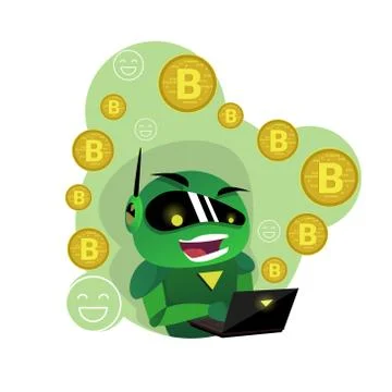 Bitcoin Robot Hold Laptop Computer Exchange Modern Crypto Currency Technology Ilustração Stock