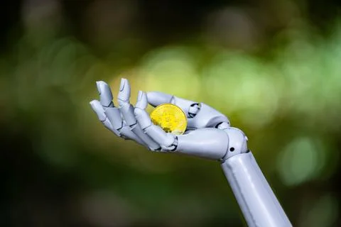 Bitcoin in robotic AI hand. Crypto money concept. Bitcoin AI blockchain. Bi.. Stock Photos