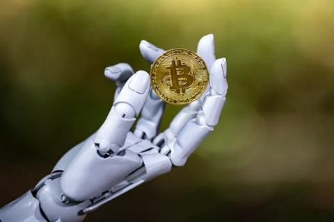Bitcoin in robotic AI hand. Crypto money concept. Bitcoin digital crypto mo.. Stock Photos