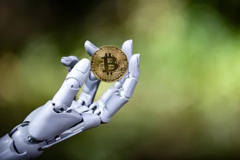 Bitcoin in robotic AI hand. Crypto money concept. Bitcoin future currency. .. Stock Photos