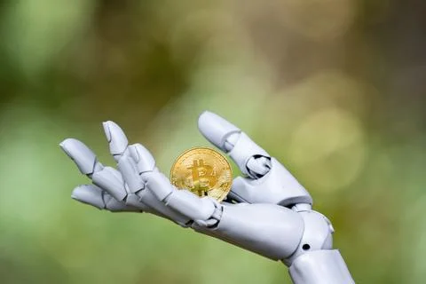 Bitcoin in robotic hand. Bitcoin AI blockchain. Bitcoin crypto innovation Stock Photos
