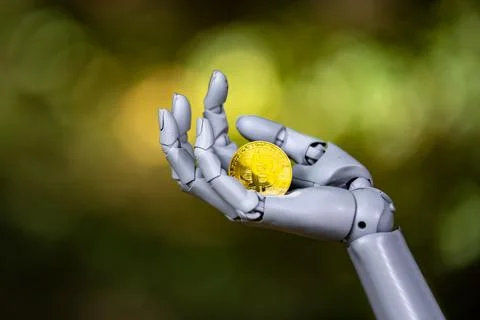 Bitcoin in robotic hand. Bitcoin crypto trading. Bitcoin AI blockchain. Bit.. Stock Photos