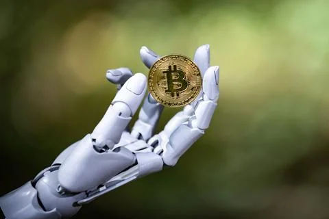 Bitcoin in robotic hand. Bitcoin crypto trading. Bitcoin AI blockchain. Bitco Stock Photos