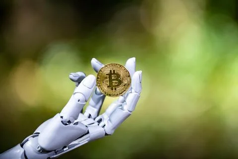 Bitcoin in robotic hand. Bitcoin digital crypto money concept. Bitcoin crypto Stock Photos