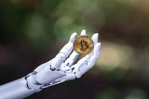 Bitcoin in robotic hand. Bitcoin future currency. Bitcoin AI blockchain. Bi.. Stock Photos