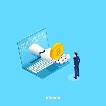 Bitcoin in the robot's hand from the laptop screen and a man in a business su Stock Illustration