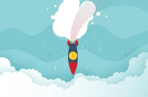 Bitcoin rocket crash on the floor, cryptocurrency concept. Bitcoin price coll Illustrazione stock