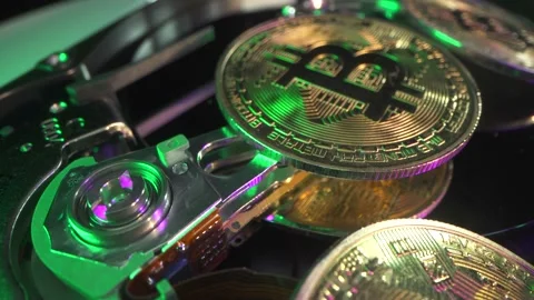Bitcoin rotates on a hard disk, macro. Multi-colored glare is reflected Stock Footage 155439912