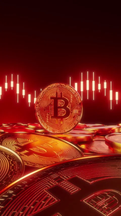 Bitcoin Rotating Bearish Red Falling Market Seamless Loop Vertical Video Stock Footage 333474759