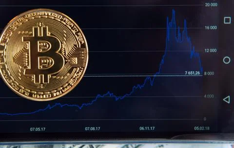 Bitcoin on the schedule of course change in the program on a mobile phone (In Stock Photos