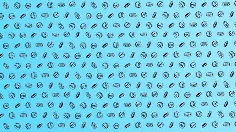 Bitcoin seamless azure coins pattern with hand drawn doodle icons on color ba Stock Illustration