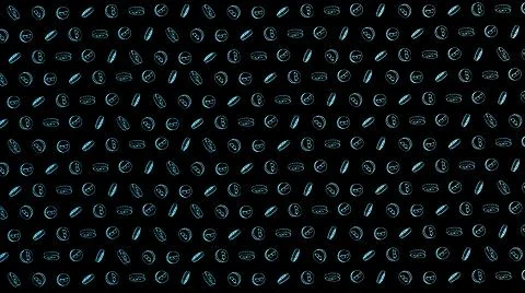 Bitcoin seamless azure coins pattern with hand drawn doodle icons on black ba Illustrazione stock