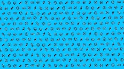 Bitcoin seamless azure coins pattern with hand drawn doodle icons on color ba Stock Illustration