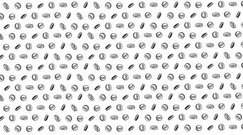 Bitcoin seamless black coins pattern with hand drawn doodle icons on white ba Stock Illustration