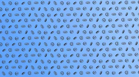 Bitcoin seamless blue coins pattern with hand drawn doodle icons on color bac Stockillustratie