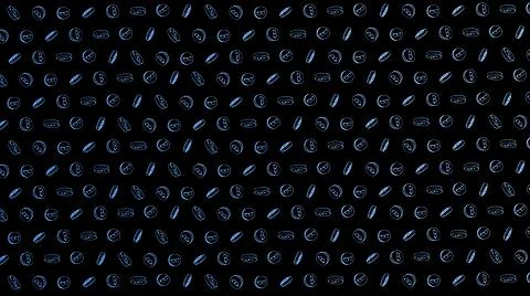 Bitcoin seamless blue coins pattern with hand drawn doodle icons on black bac Illustrazione stock