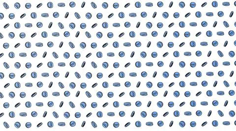 Bitcoin seamless blue coins pattern with hand drawn doodle icons on white bac Stock Illustration