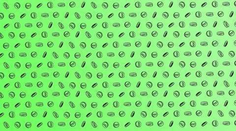 Bitcoin seamless green coins pattern with hand drawn doodle icons on color ba イラスト素材