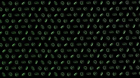 Bitcoin seamless green coins pattern with hand drawn doodle icons on black ba Illustrazione stock