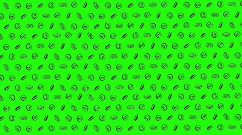 Bitcoin seamless green coins pattern with hand drawn doodle icons on color ba Stock Illustration