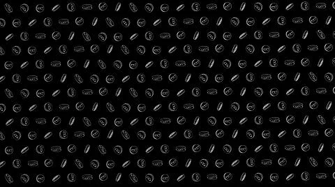 Bitcoin seamless grey coins pattern with hand drawn doodle icons on black bac Stock Illustration