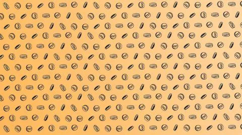 Bitcoin seamless orange coins pattern with hand drawn doodle icons on color b Stockillustratie